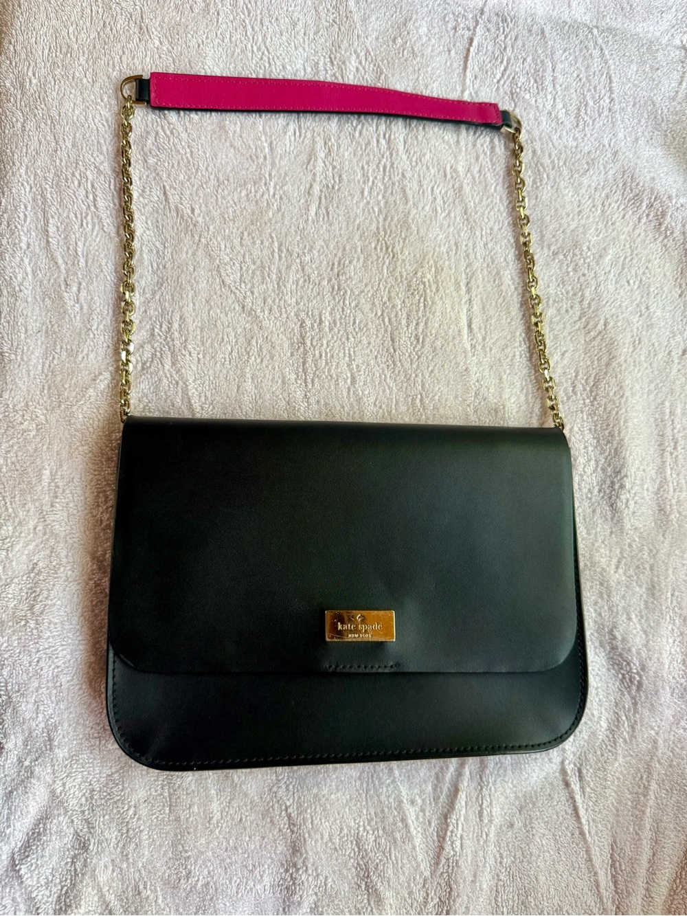 kate spade Black Leather Shoulder Bag with Hot Pink Strap and Gold Chain